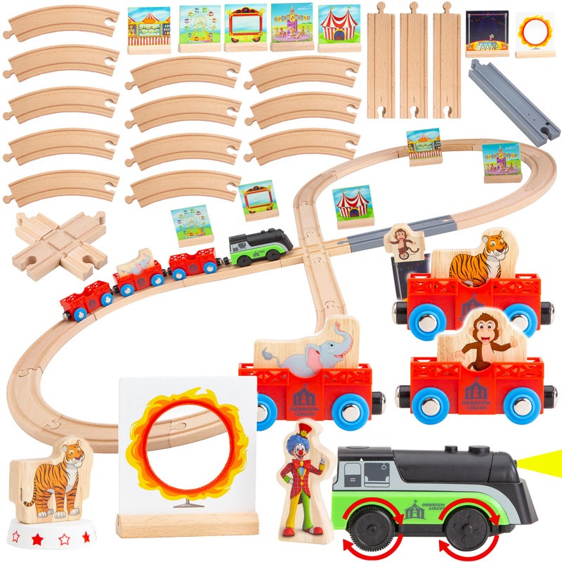 Orbrium Wooden Train Set Magnetic Battery Operated Train Car with Wooden Tracks Electric Lighted Train Sound Track Safari Circus Animal Compatible Thomas Brio for Grandkids Kids Toddlers - Image 3