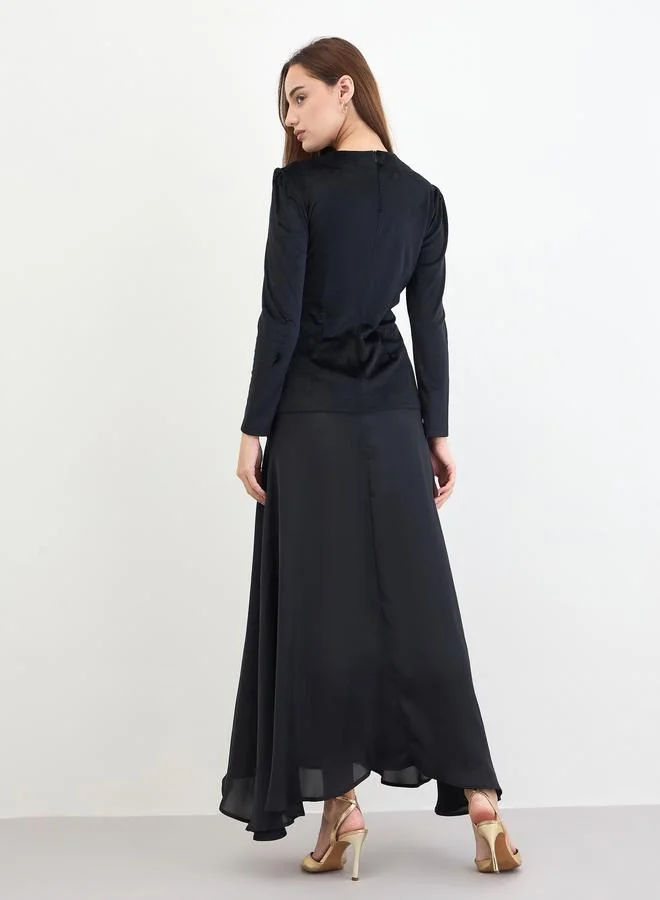 Styli black Black Velvet Look A-Line Maxi Dress for Women | Best Price UAE