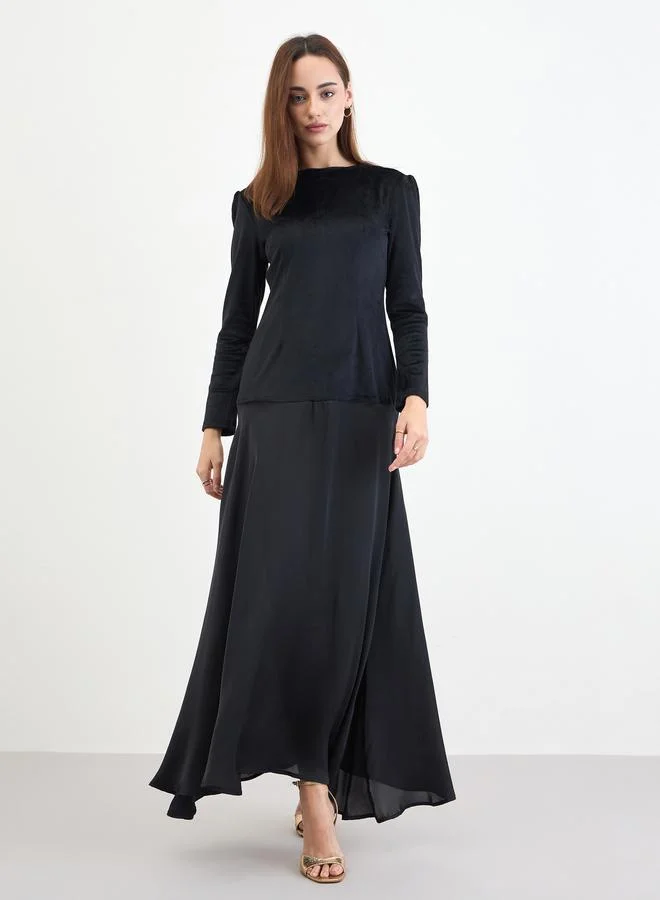 Black Velvet Look A-Line Maxi Dress