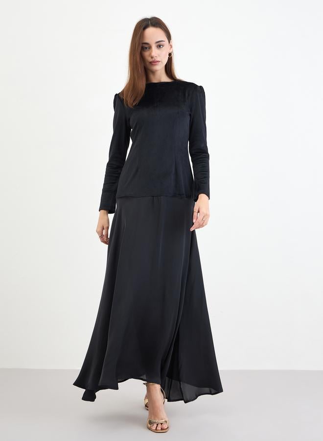 Styli Black Velvet Look A-Line Maxi Dress - Image 1