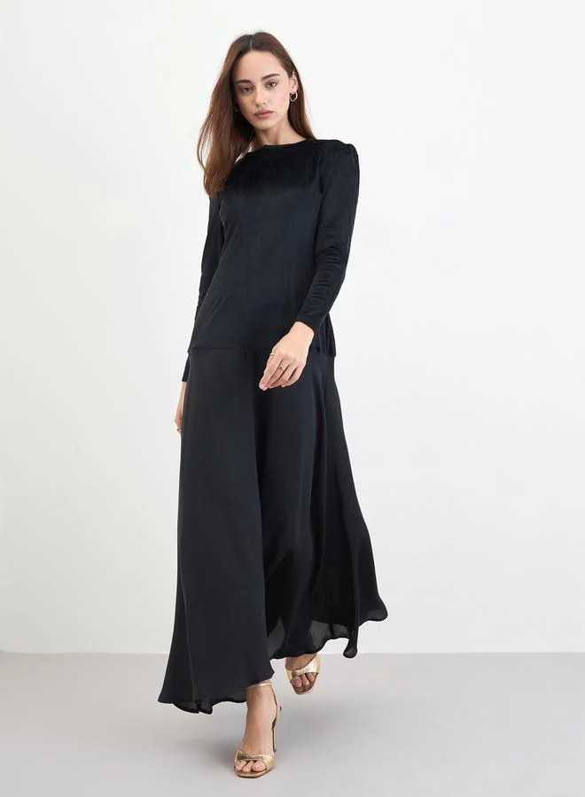 Styli Black Velvet Look A-Line Maxi Dress