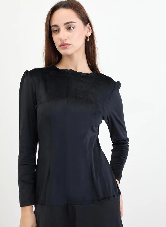 Styli black Black Velvet Look A-Line Maxi Dress for Women | Best Price UAE