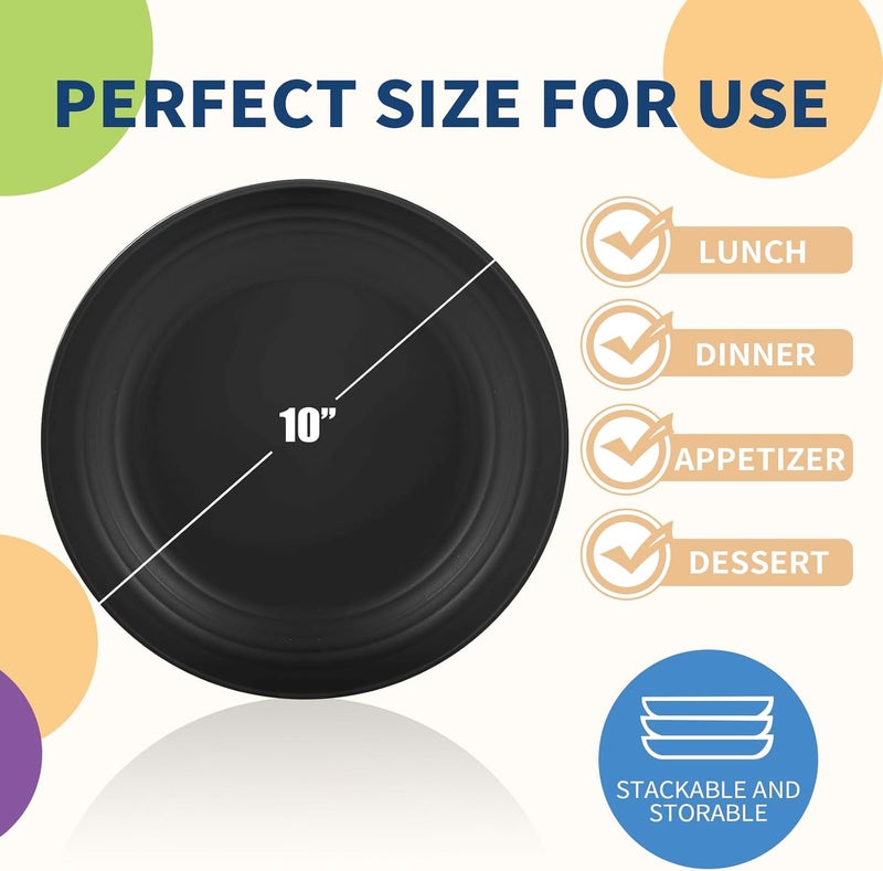 Lazycorner Dinner Plates Unbreakable Wheat Straw Plates Kids Plate Set of 12 Alternative for Plastic Plates Reusable Plate for Kitchen Dishwasher Safe (10 Inches-Black) - Image 2