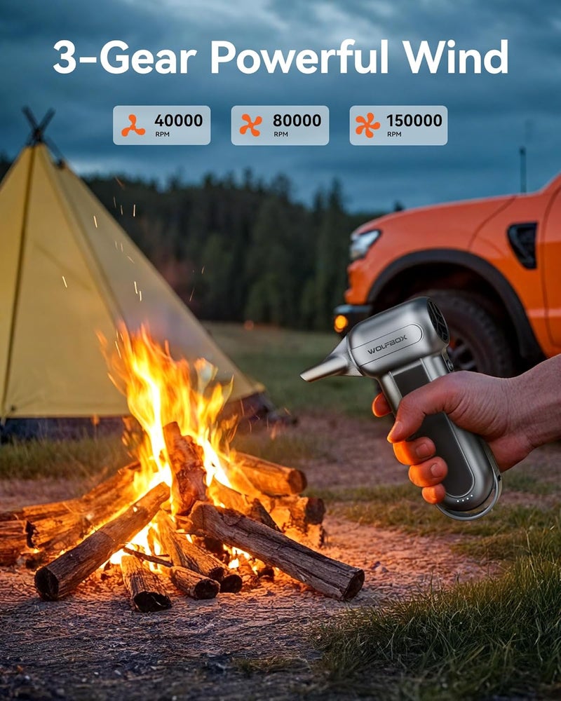 وولف بوكس منفاخ هواء كهربائي لاسلكي MF100 - 150,000 دورة في الدقيقة، محرك بدون فرش ��ابل لإعادة الشحن ومتين، قابل لتعديل السرعة بثلاث سرعات، منفاخ غبار لأجهزة الكمبيوتر ولوحات المفاتيح والأماكن الخارجية والمنازل والسيارات (MF100) - Image 4