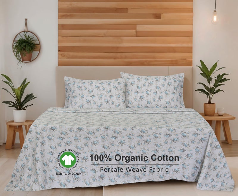 RUVANTI 100% Organic Cotton Sheets Queen Size, Percale Weave, GOTS Certified, 4-Piece Set, Deep Pocket 15", Crisp & Breathable, Soft Durable Bedding, SÃ¡banas AlgodÃ³n OrgÃ¡nico â€“ Blue Rose - Image 3