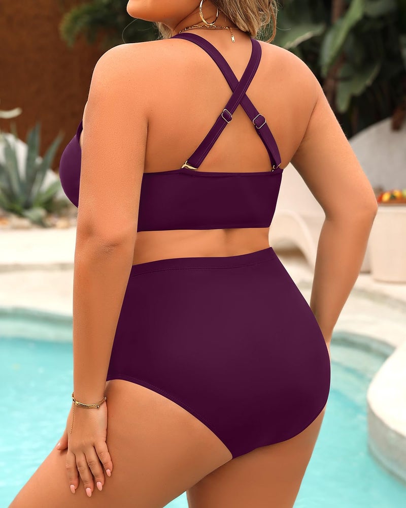 Yonique Womens Plus Size Bikini High Waisted Swimsuits Two Piece Bathing Suits Tummy Control Swimwear Purple 18Plus - Image 2
