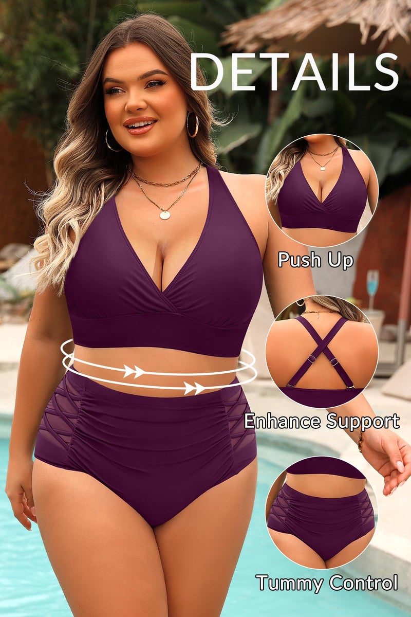 Yonique Womens Plus Size Bikini High Waisted Swimsuits Two Piece Bathing Suits Tummy Control Swimwear Purple 18Plus - Image 4