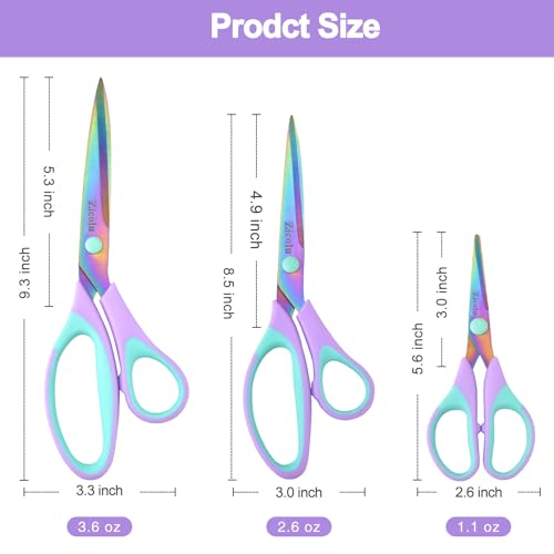 Zicolu Craft Scissors Set of 3 pack, Sharp Rainbow Titanium Coating All Purpose Scissors, Ergonomic Semi-Soft Rubber Grip, Suitable for School, Office and Household Use, 9.2''/8.5''/5.6" - Image 4