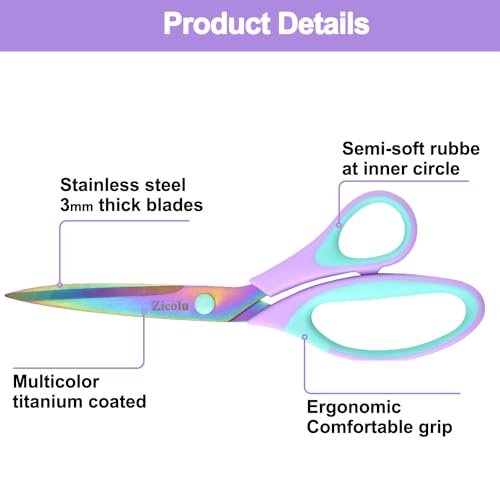 Zicolu Craft Scissors Set of 3 pack, Sharp Rainbow Titanium Coating All Purpose Scissors, Ergonomic Semi-Soft Rubber Grip, Suitable for School, Office and Household Use, 9.2''/8.5''/5.6" - Image 3