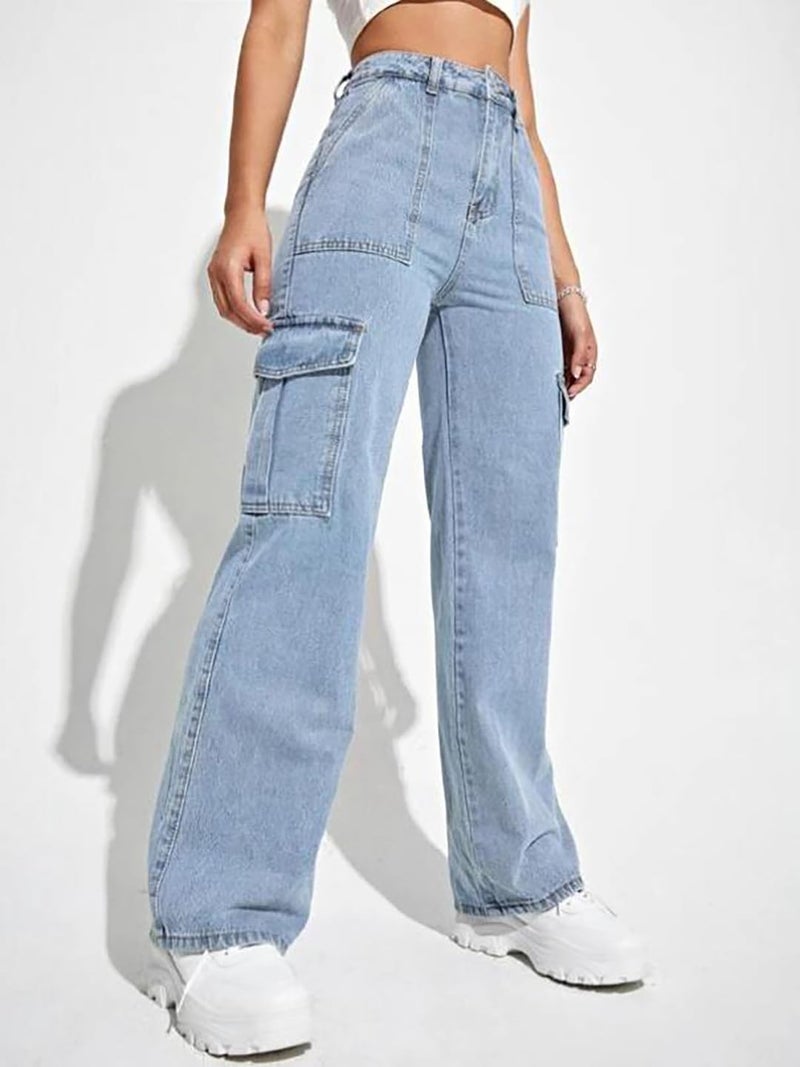 KOTTY Women's Solid High Rise Relaxed Fit Cargo Jeans Light Blue (Blue,M)_KOTTYLADIESJEANS2458M - Image 2