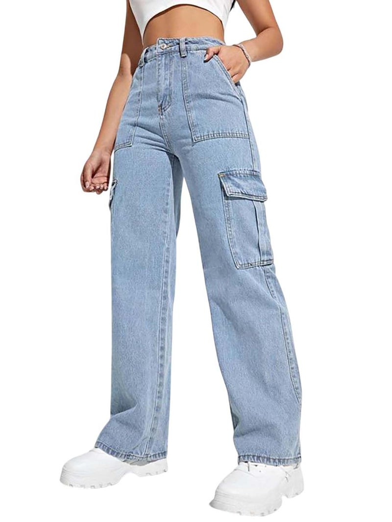 KOTTY Women's Solid High Rise Relaxed Fit Cargo Jeans Light Blue (Blue,M)_KOTTYLADIESJEANS2458M - Image 1
