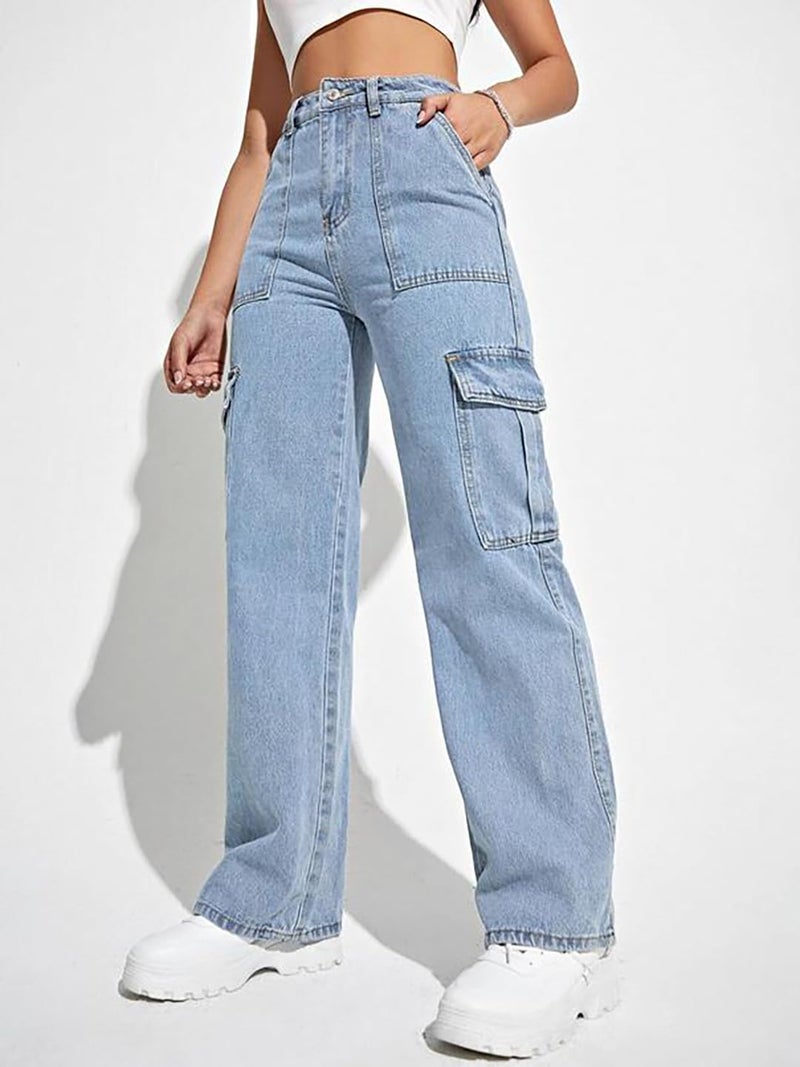 KOTTY Women's Solid High Rise Relaxed Fit Cargo Jeans Light Blue (Blue,M)_KOTTYLADIESJEANS2458M - Image 4