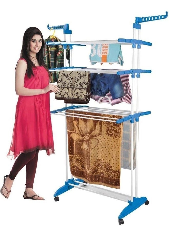 MARGOUN Retractable Drying Rack Clothes Garment Airer 4-tier Stainless Steel, Indoor Outdoor Use with Lockable Wheels / Blue Color - Image 1