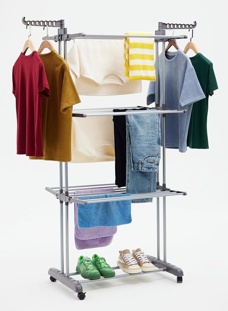 MARGOUN حامل تجفيف قابل للسحب للملابس 4 طبقات من الفولاذ المقاوم للصدأ، للاستخدام الداخلي والخارجي مع عجلات قابلة للقفل / لون أزرق - Image 2