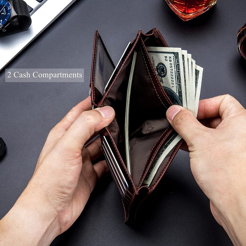 BULLCAPTAIN Large Capacity Genuine Leather Bifold Wallet/Credit Card Holder for Men with 15 Card Slots QB-027 (Brown) - Image 5