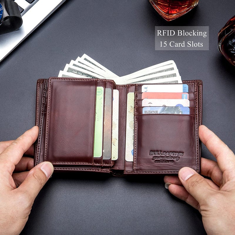 BULLCAPTAIN Large Capacity Genuine Leather Bifold Wallet/Credit Card Holder for Men with 15 Card Slots QB-027 (Brown) - Image 4