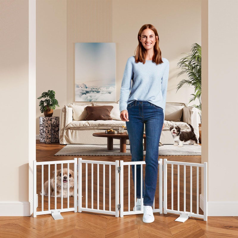 Snughome Dog Gate Indoor 16 High Freestanding Dog Door Gates with Support Feet Expands Up to 48 Wide Foldable Pet Gates for Doorways Hallways 4 Panel Folding Pet Door Pet Fence for Puppy White - Image 1