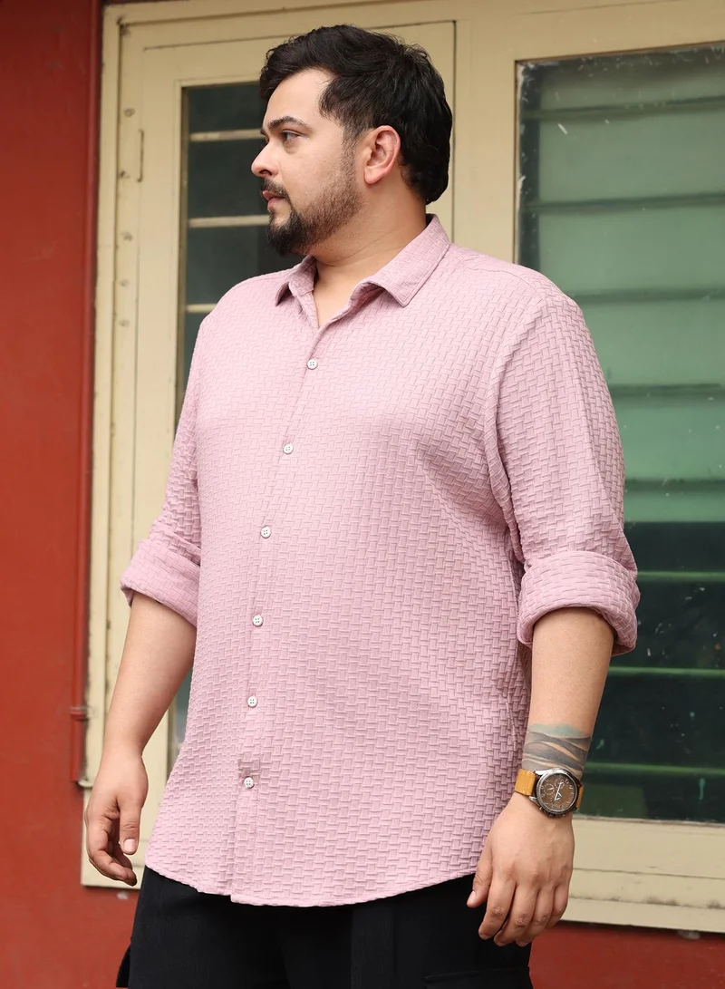Instafab Plus  Instafab Plus Men Basket-Knit Jacquard Shirt | Spread Collar , Long Cuffed Sleeves | Button Closure , Curved Hem | Geometric Jacquard | Knitted Fabric For Casual & Daily Wear | Rose Pink for Men | Best Price UAE