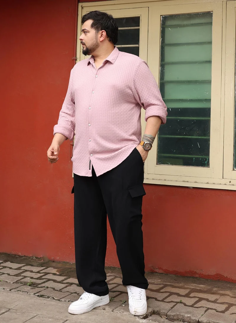 Instafab Plus  Instafab Plus Men Basket-Knit Jacquard Shirt | Spread Collar , Long Cuffed Sleeves | Button Closure , Curved Hem | Geometric Jacquard | Knitted Fabric For Casual & Daily Wear | Rose Pink for Men | Best Price UAE