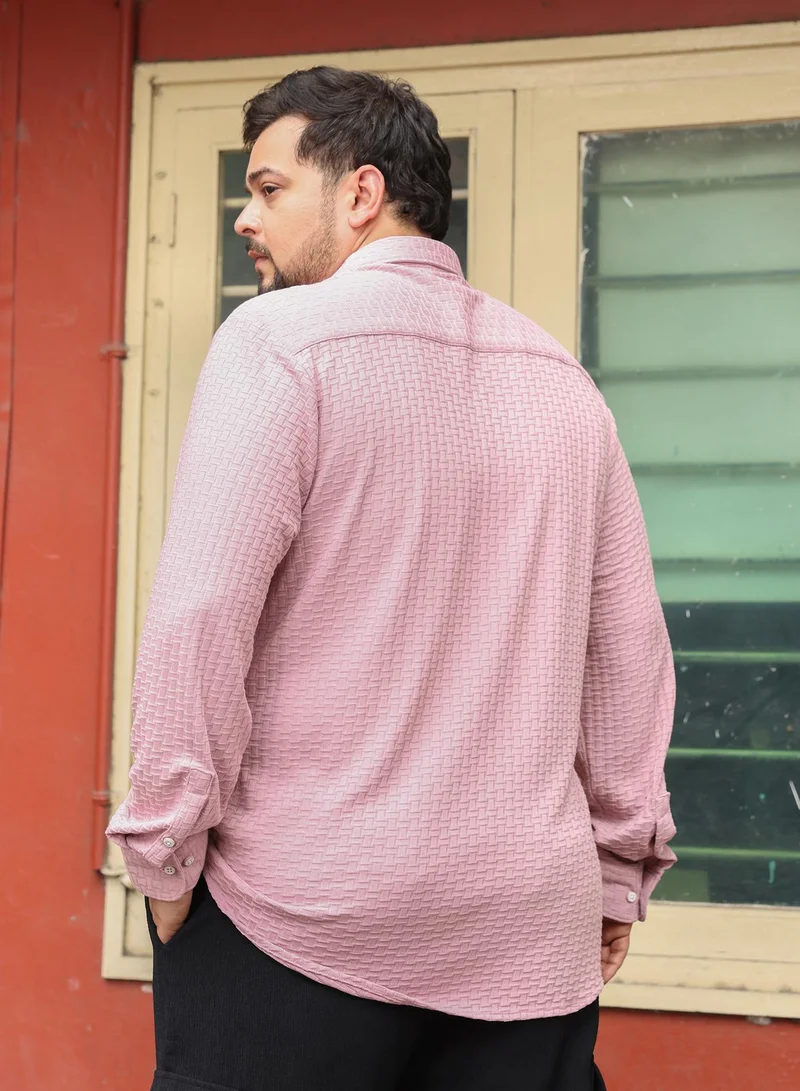 Instafab Plus  Instafab Plus Men Basket-Knit Jacquard Shirt | Spread Collar , Long Cuffed Sleeves | Button Closure , Curved Hem | Geometric Jacquard | Knitted Fabric For Casual & Daily Wear | Rose Pink for Men | Best Price UAE