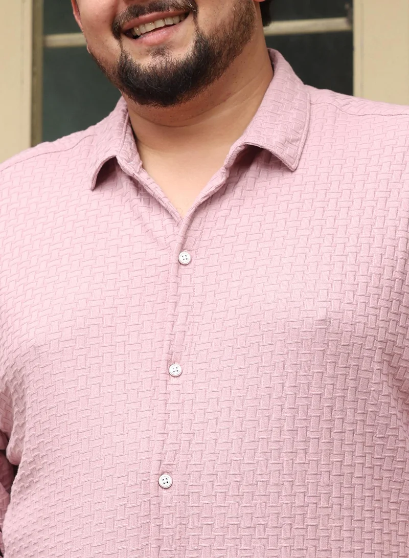 Instafab Plus  Instafab Plus Men Basket-Knit Jacquard Shirt | Spread Collar , Long Cuffed Sleeves | Button Closure , Curved Hem | Geometric Jacquard | Knitted Fabric For Casual & Daily Wear | Rose Pink for Men | Best Price UAE