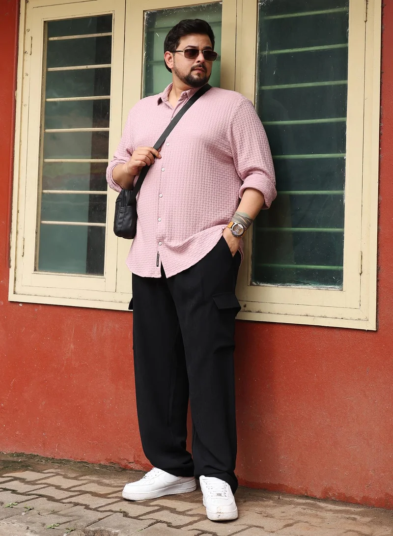 Instafab Plus  Instafab Plus Men Basket-Knit Jacquard Shirt | Spread Collar , Long Cuffed Sleeves | Button Closure , Curved Hem | Geometric Jacquard | Knitted Fabric For Casual & Daily Wear | Rose Pink for Men | Best Price UAE