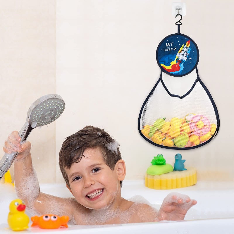 Linkidea 2 Pack Bathroom Hanging Storage Bag, Shower Mesh Bathtub Holder with Hooks, Large Capacity Organizer (Rocket + Zebra) - Image 5