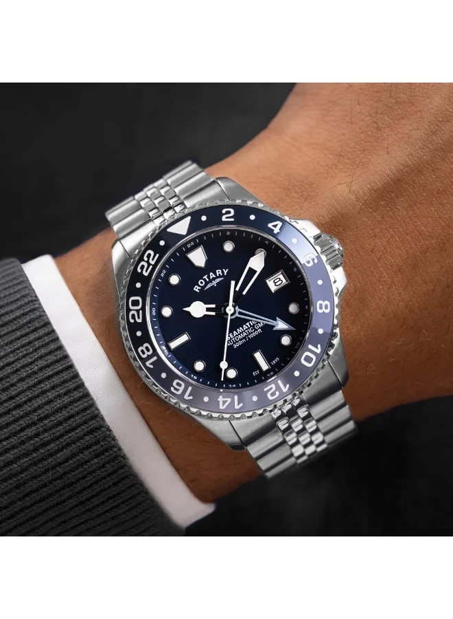 Rotary  Rotary Men's Seamatic GMT 300M Water Resistance Blue Dial Stainless Steel Bracelet Watch - RGB10005/04 for Men | Best Price UAE