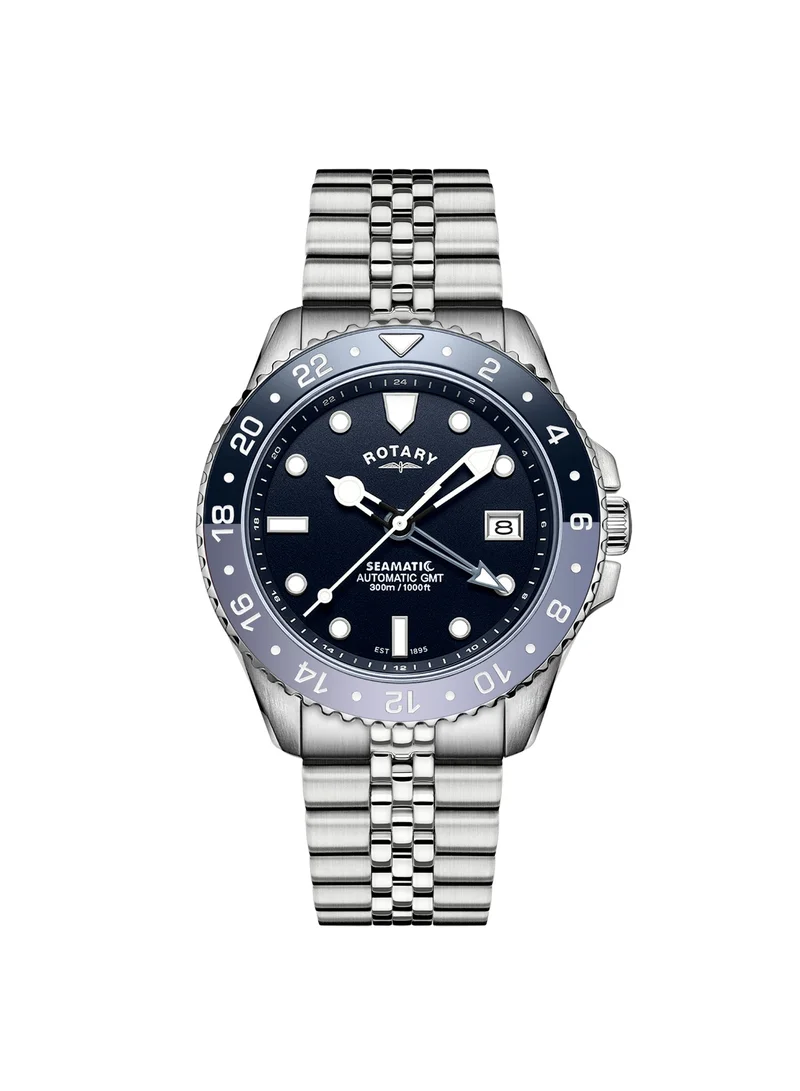روتاري ساعة رجالية روتاري Seamatic GMT 300M مقاومة للماء بمينا أزرق وسوار من الفولاذ المقاوم للصدأ
