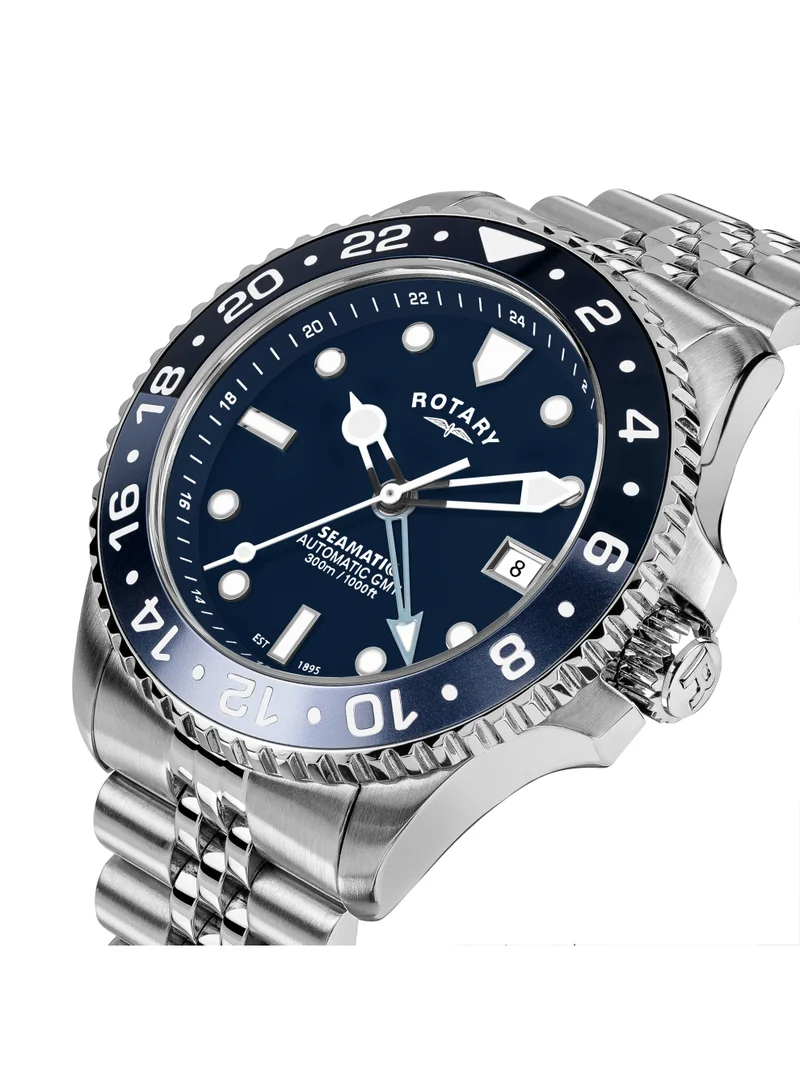 روتاري ساعة رجالية روتاري Seamatic GMT 300M مقاومة للماء بمينا أزرق وسوار من الفولاذ المقاوم للصدأ