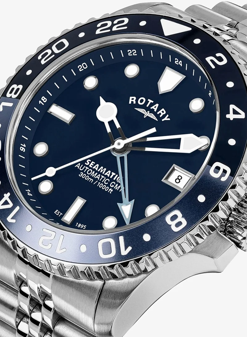 روتاري ساعة رجالية روتاري Seamatic GMT 300M مقاومة للماء بمينا أزرق وسوار من الفولاذ المقاوم للصدأ