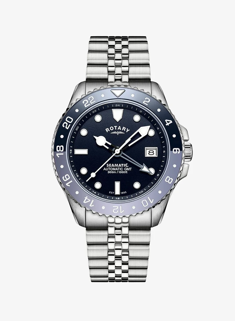 روتاري ساعة رجالية روتاري Seamatic GMT 300M مقاومة للماء بمينا أزرق وسوار من الفولاذ المقاوم للصدأ