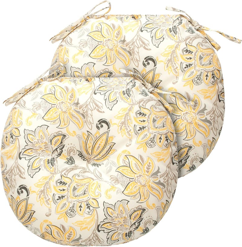 FUNHOME Bistro Chair Cushions 15 inch,Set of 2,Tufted Round Chair Cushions with Ties,15"x15"x4",Water Resistant Round Seat Cushion for Barstool Chairs,Patio Garden Kitchen Outdoor Furniture(Yellow Flower) - Image 2