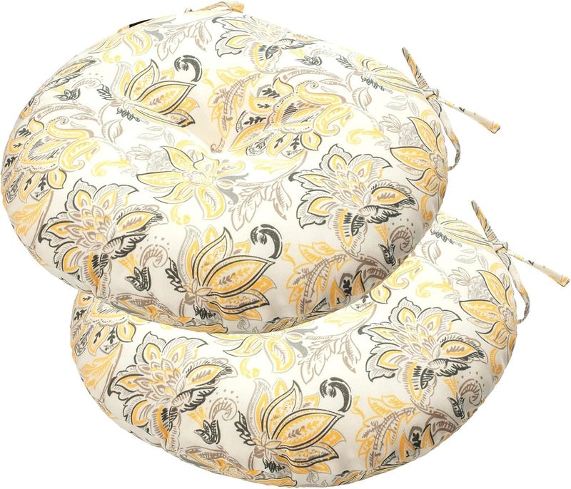 FUNHOME Bistro Chair Cushions 15 inch,Set of 2,Tufted Round Chair Cushions with Ties,15"x15"x4",Water Resistant Round Seat Cushion for Barstool Chairs,Patio Garden Kitchen Outdoor Furniture(Yellow Flower) - Image 1