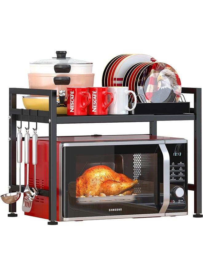 SKY-TOUCH SKY- TOUCH Extendable Microwave Oven Rack, 2 Tier Metal Microwave Shelf Stand, Desktop Printer Shelf Rack Adjustable Shelf Heavy Duty, 2-Tier with 6 Hooks,57lbs Weight Capacity - Image 1