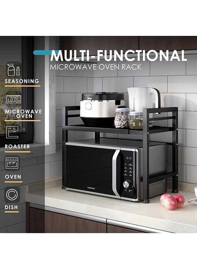 SKY-TOUCH SKY- TOUCH Extendable Microwave Oven Rack, 2 Tier Metal Microwave Shelf Stand, Desktop Printer Shelf Rack Adjustable Shelf Heavy Duty, 2-Tier with 6 Hooks,57lbs Weight Capacity - Image 3