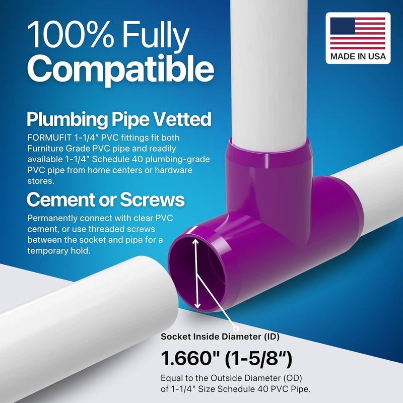 FORMUFIT 1-1/4" Tee Furniture Grade PVC Fitting in Purple, Made in USA, UV-Resistant, Impact-Proof, 1.660” Actual Socket Diameter (Pack of 4) - F114TEE-PU-4 - Image 5