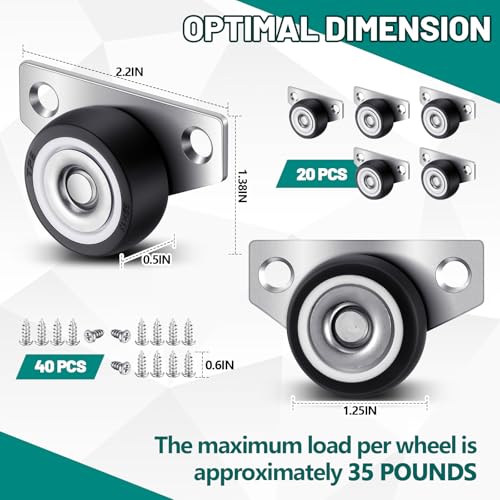 Datanly 20 Set 125 Inch Small Side Mount Caster Wheels Little Drawer Rollers Mini Low Profile Casters Non Swivel Rigid Casters Wheels with Screws for Drawers Wooden Furniture Trays DIY Project - Image 3