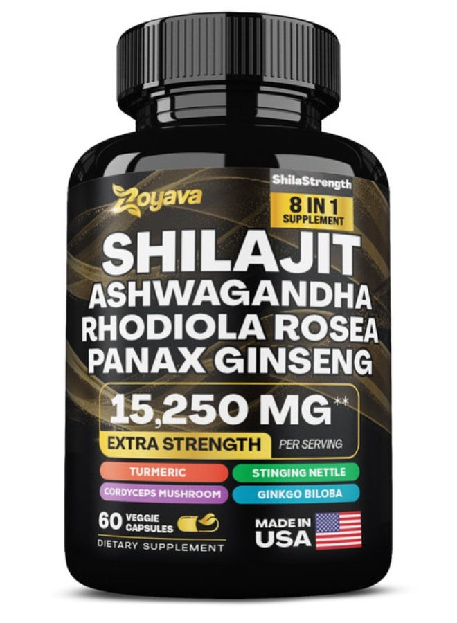 Zoyava 15250mg 8-in-1 Himalayan Shilajit Complex – Pure Shilajit, Ashwagandha, Rhodiola, Panax Ginseng, Turmeric, Ginkgo, Stinging Nettle – Natural Energy, Focus & Wellness – 60 Vegan Capsules - Image 1