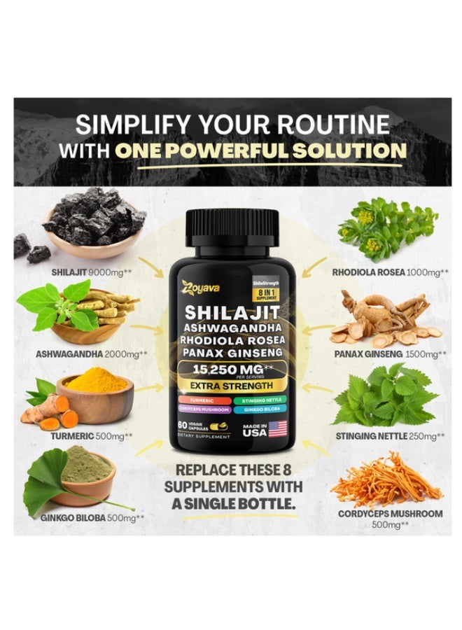 Zoyava 15250mg 8-in-1 Himalayan Shilajit Complex – Pure Shilajit, Ashwagandha, Rhodiola, Panax Ginseng, Turmeric, Ginkgo, Stinging Nettle – Natural Energy, Focus & Wellness – 60 Vegan Capsules - Image 2