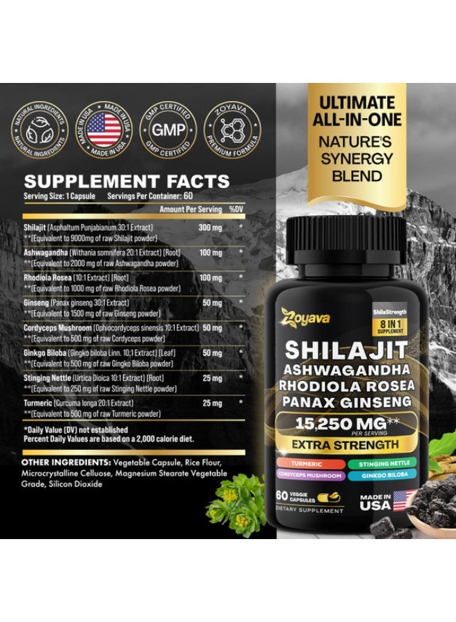 Zoyava 15250mg 8-in-1 Himalayan Shilajit Complex – Pure Shilajit, Ashwagandha, Rhodiola, Panax Ginseng, Turmeric, Ginkgo, Stinging Nettle – Natural Energy, Focus & Wellness – 60 Vegan Capsules - Image 3