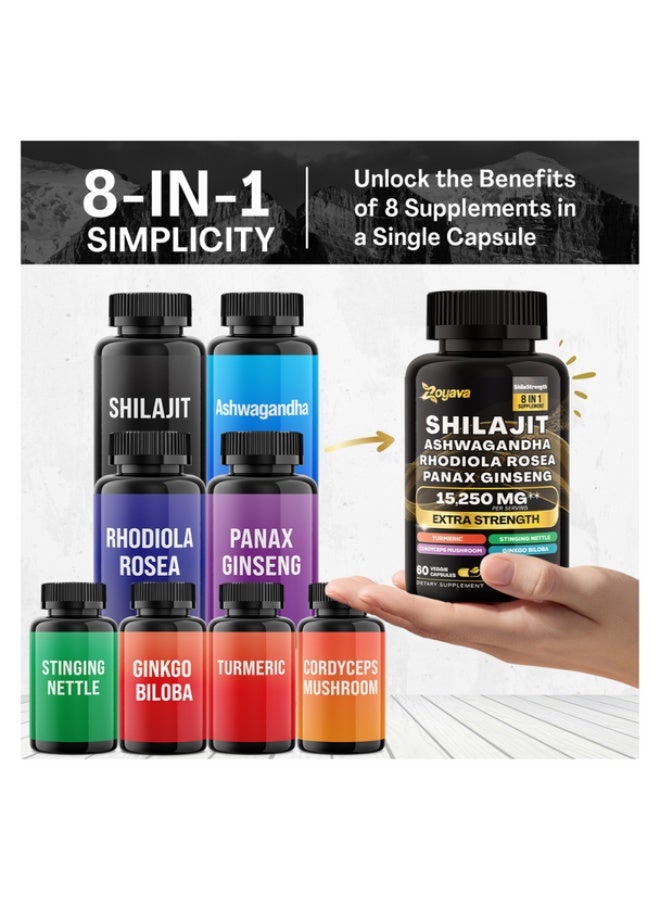 Zoyava 15250mg 8-in-1 Himalayan Shilajit Complex – Pure Shilajit, Ashwagandha, Rhodiola, Panax Ginseng, Turmeric, Ginkgo, Stinging Nettle – Natural Energy, Focus & Wellness – 60 Vegan Capsules - Image 5