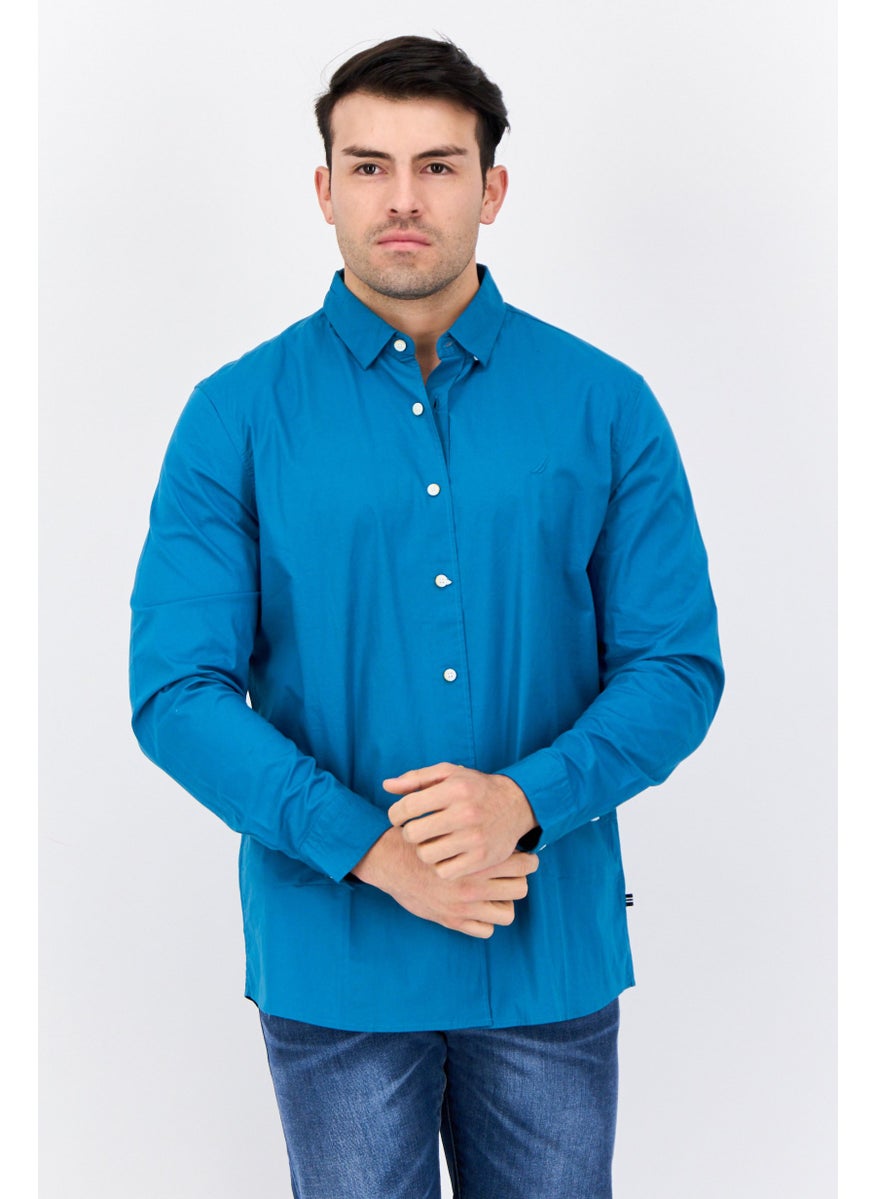 NAUTICA Men Stretch Fit Plaid Long Sleeve Casual Shirts, Blue  - Image 1