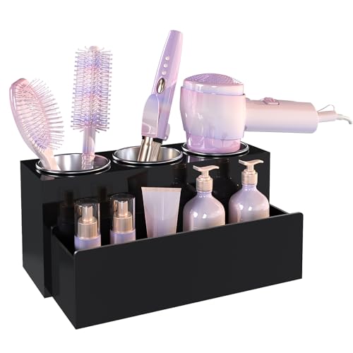 PITBVO Hair Tool Organizer, Removable Blow Dryer Holder for Bathroom, Hot Tools Organizer For Hair Dryer, Blow Dryer, Curling Iron, Hair Straightener, Bathroom Countertop Organizer, Glossy Black - Image 1