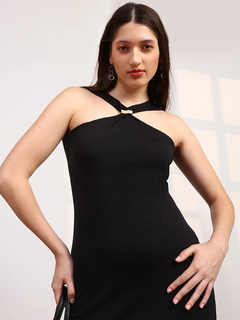 globus  Globus Women Black Halter Neck Ribbed Midi Bodycon Dress for Women | Best Price UAE