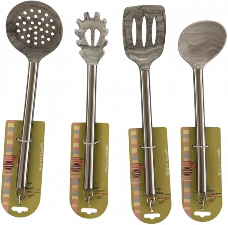 Kitchen Utensils Set, 4-Piece silicon Cooking Tools with Marble Pattern Handles, Premium Serving Spoons and Strainer Set