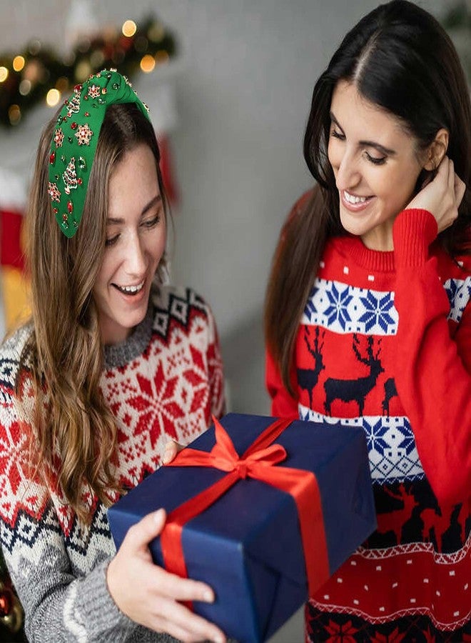 CEALXHENY Christmas Headband Women Holiday Accessories Beaded Xmas Bow Tree Snowflake HOHOHO Knotted Headband Red Green Crystal Pearl Top Knot Festive Holiday Gifts - Image 3