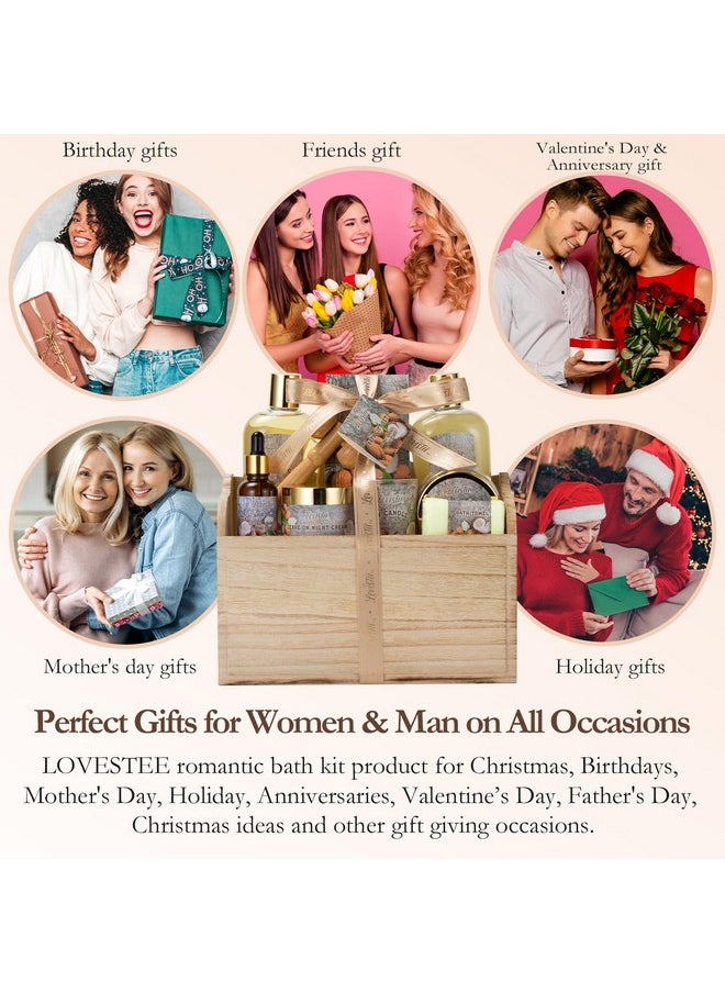 Lovestee - Valentiens Day 10 Pc Spa Gift Set for Women - Gifts for Her Spa Kit Bubble Bath Spa Gift Basket for Women with Epsom Salt, Bath & Body Oil, Body Scrub, Candle, Wood Massage Tool - Bath Set Spa Basket - Image 1