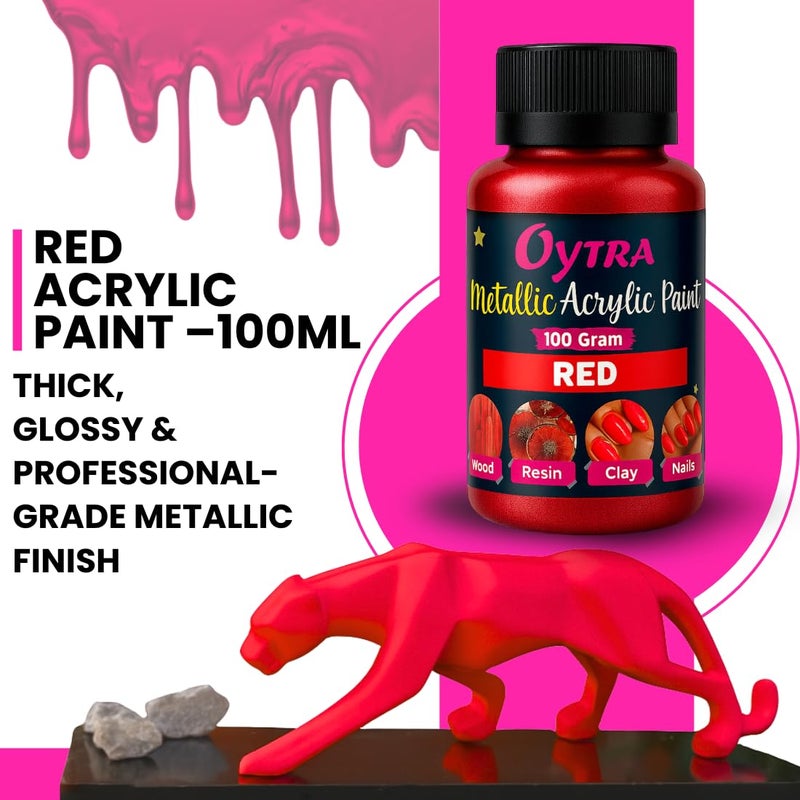 Oytra Metallic Colour Acrylic Paint Set 100 Grams Metal for DIY Art and Craft Shimmer Drop Color Glass Wood Wall Rock Car Steel Painting Drawings Canvas (Red) - Image 2