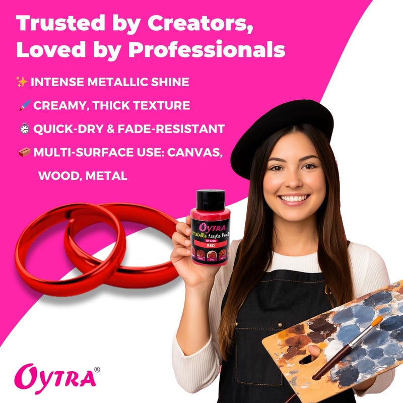 Oytra Metallic Colour Acrylic Paint Set 100 Grams Metal for DIY Art and Craft Shimmer Drop Color Glass Wood Wall Rock Car Steel Painting Drawings Canvas (Red) - Image 3